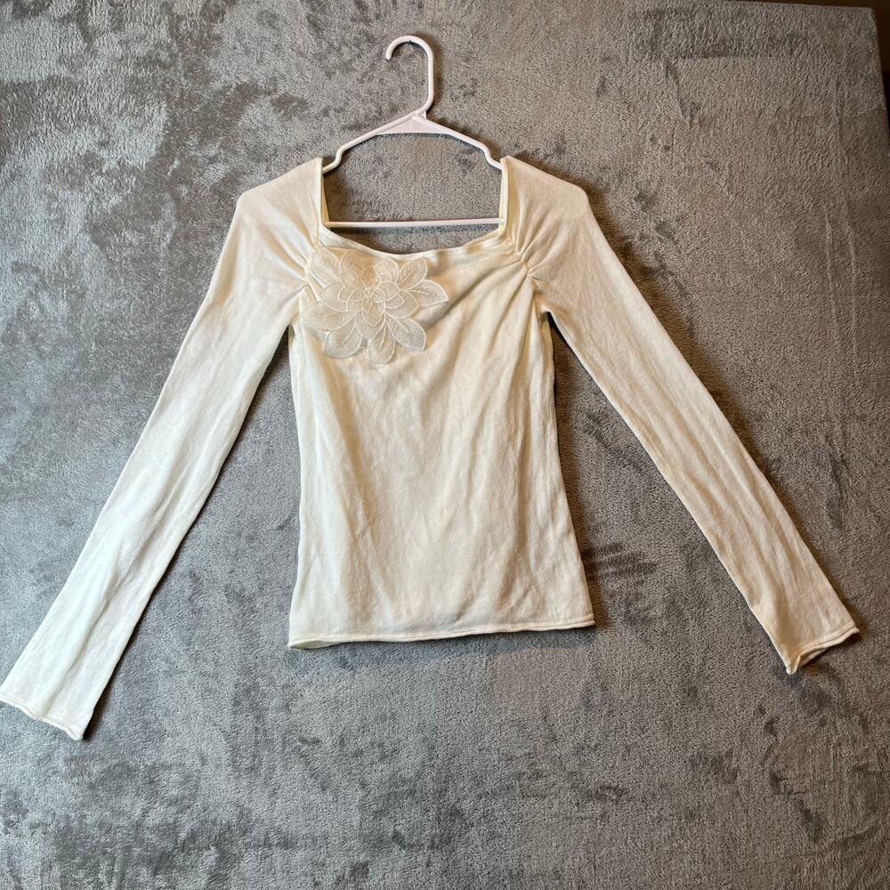 Y2K Cream Floral Applique Top Long Sleeve Fairy Whimsical 90s Coquette Soft Girl